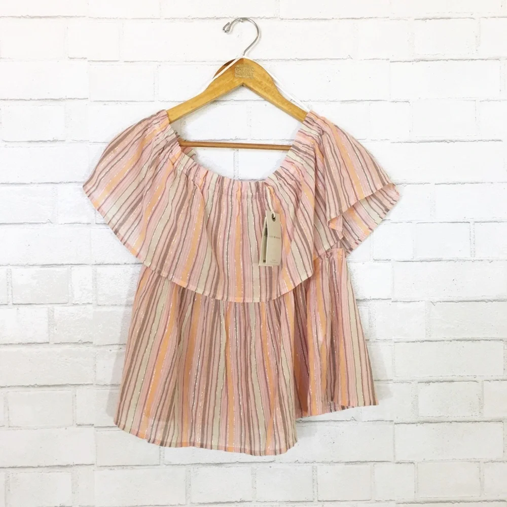 Brand New Lucky Brand Summer Peach Pink Off Shoulder Stripes Shine Top